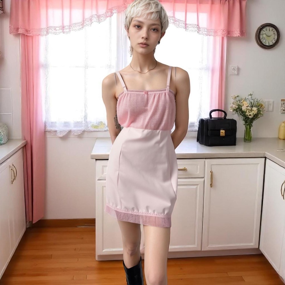 Vintage 70s Pink Slip Dress XS Shirred Bodice Pleated Hem Balletcore Dress